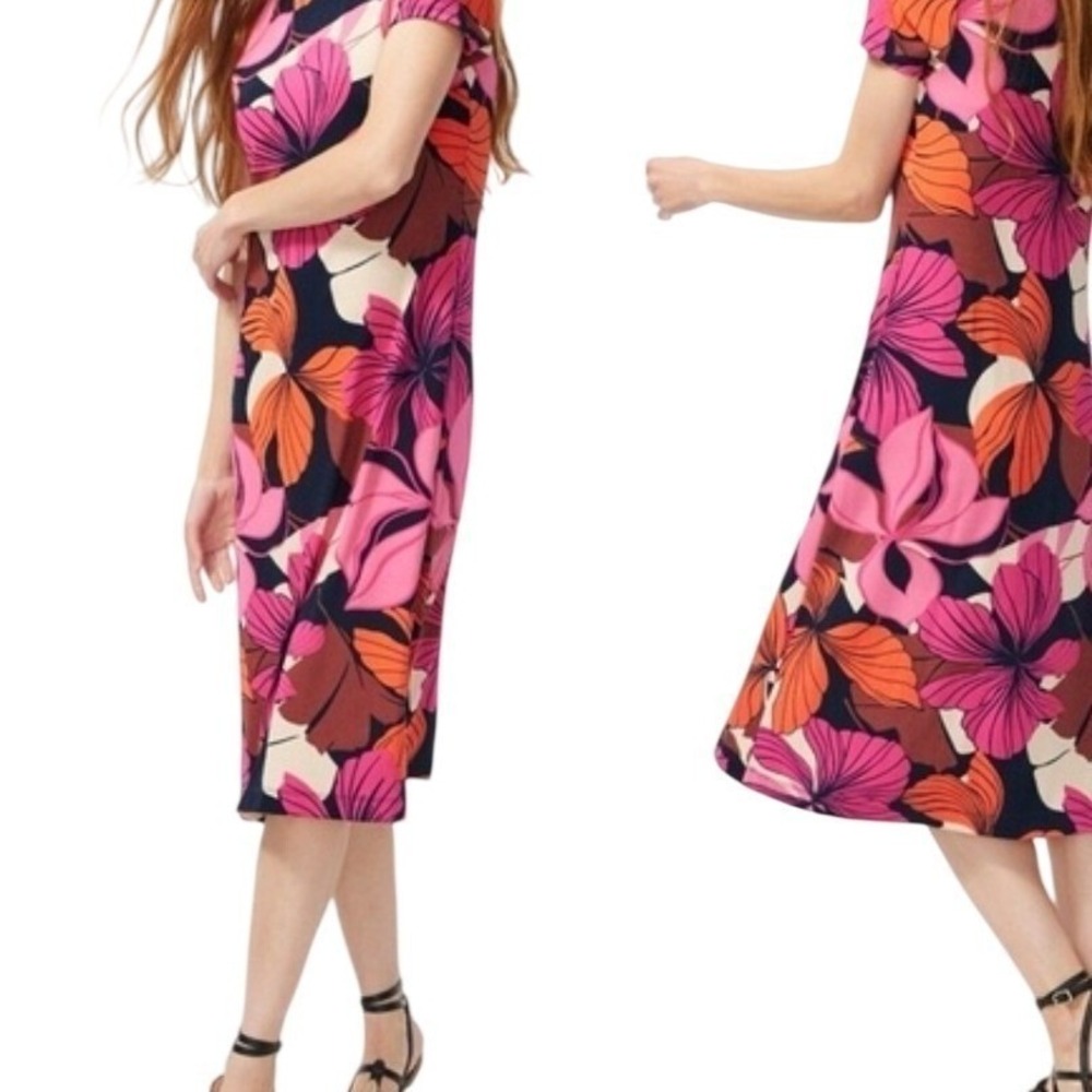 Chico's 1 Travelers Zahr Cap Sleeve Midi Dress Pink Floral  Tropical NWT Sz M